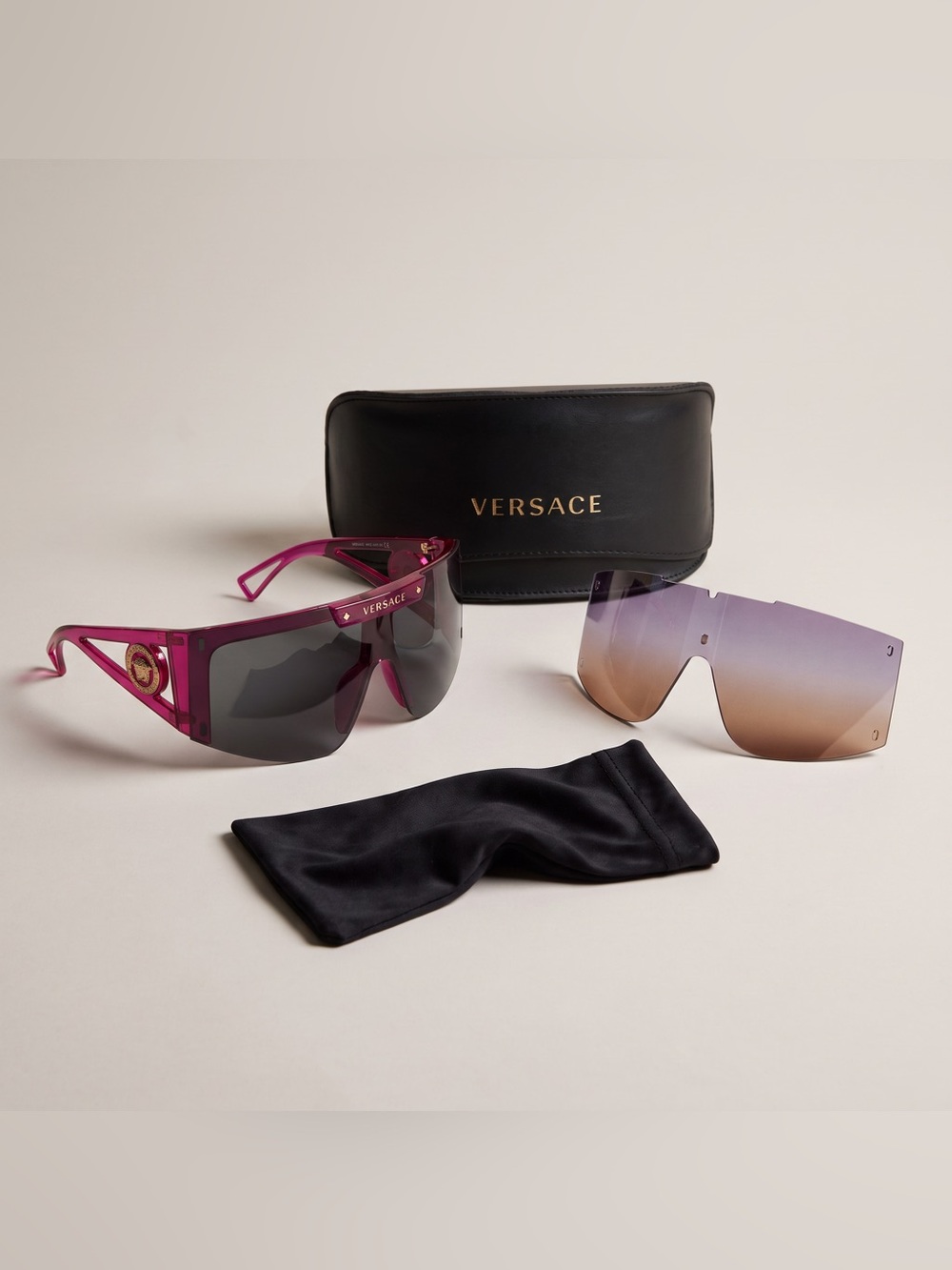 RUNWAY Versace Women's Pink Shield Sunglasses w/ extra Gradient magnetic Lenses.